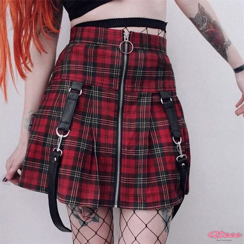 Fashionable High-Waisted Midi Skirt with Zipper, Stylish Geometric Red Plaid Suspender Mini Skirt - Red, S