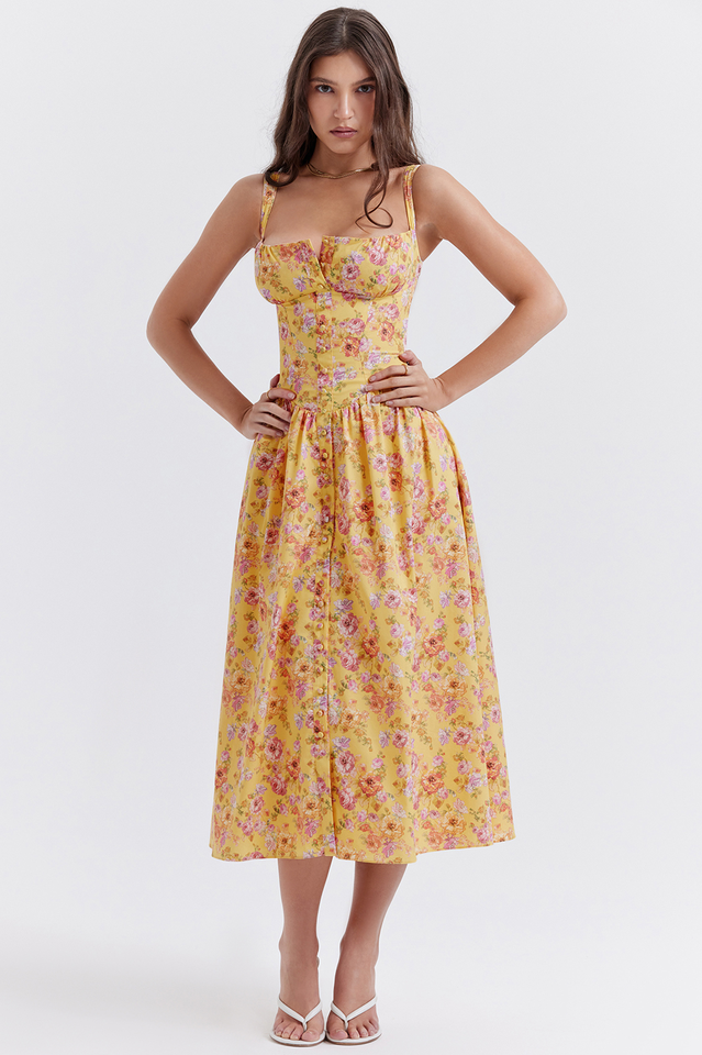 Embrace Vintage Charm with the Tatiana Yellow Floral Charming Print Midi Dress