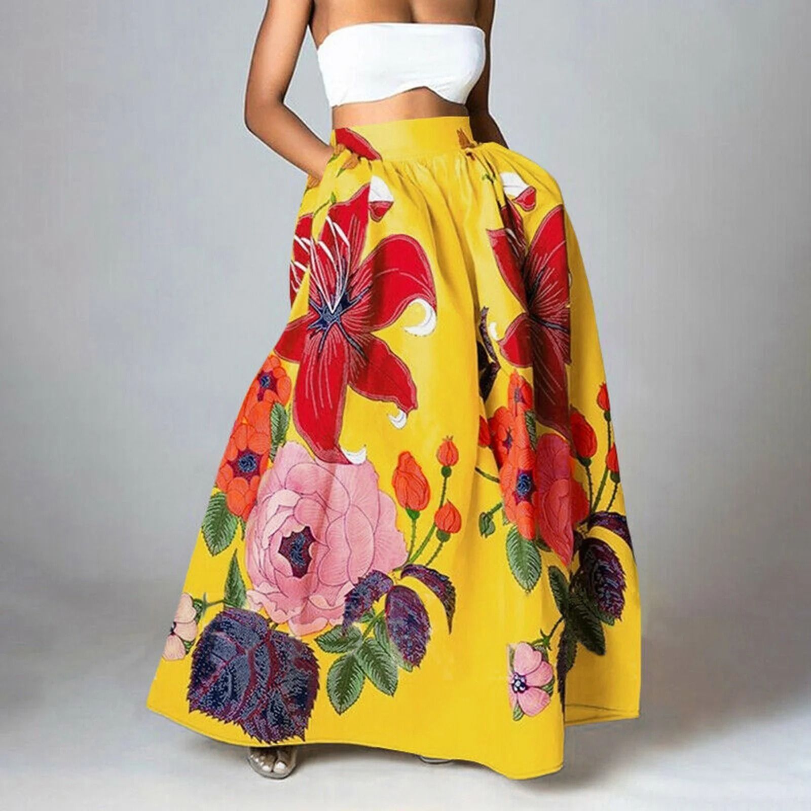 Mortilo Women Bohemian Floral Print Skirt High Waist Party Beach Pocket Long Maxi Skirt - Walmart.com