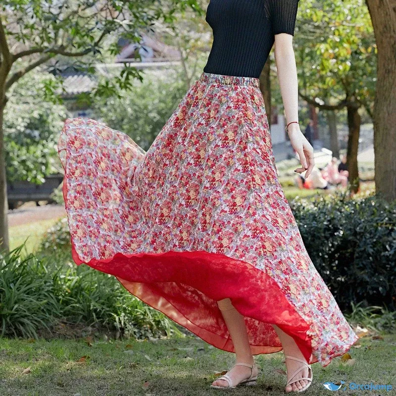 Orcajump - Red Floral Pleated Midi Skirt - High-Waisted Maxi Skirt for Beach Vacation