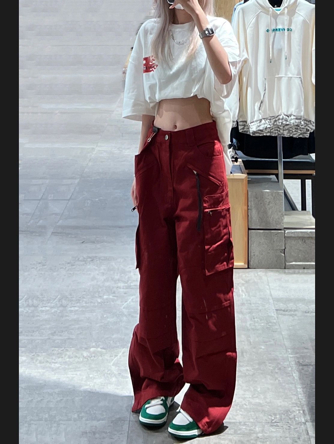 Tavimart Women Bottoms Red Vintage Baggy Cargo Pants Fashion Pocket High Waist Straight Pants High Street Wide Leg Trouser Ladies Summer - Red / M