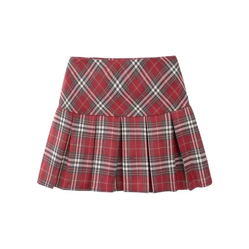 Vintage Korean Fashion Plaid Mini Skirts for Women - Preppy Style Pleated Design - Claret / L