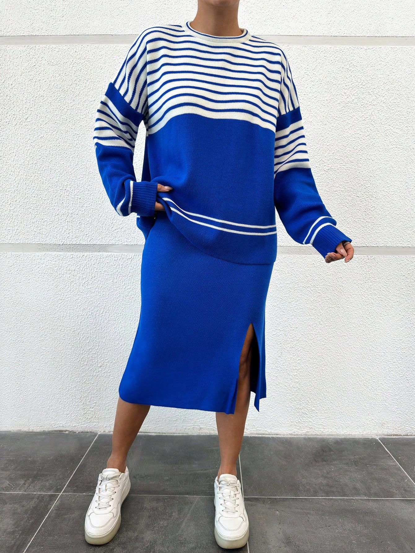 Women's Striped Long Sleeve Sweater And Knit Skirt With Side Slit Set