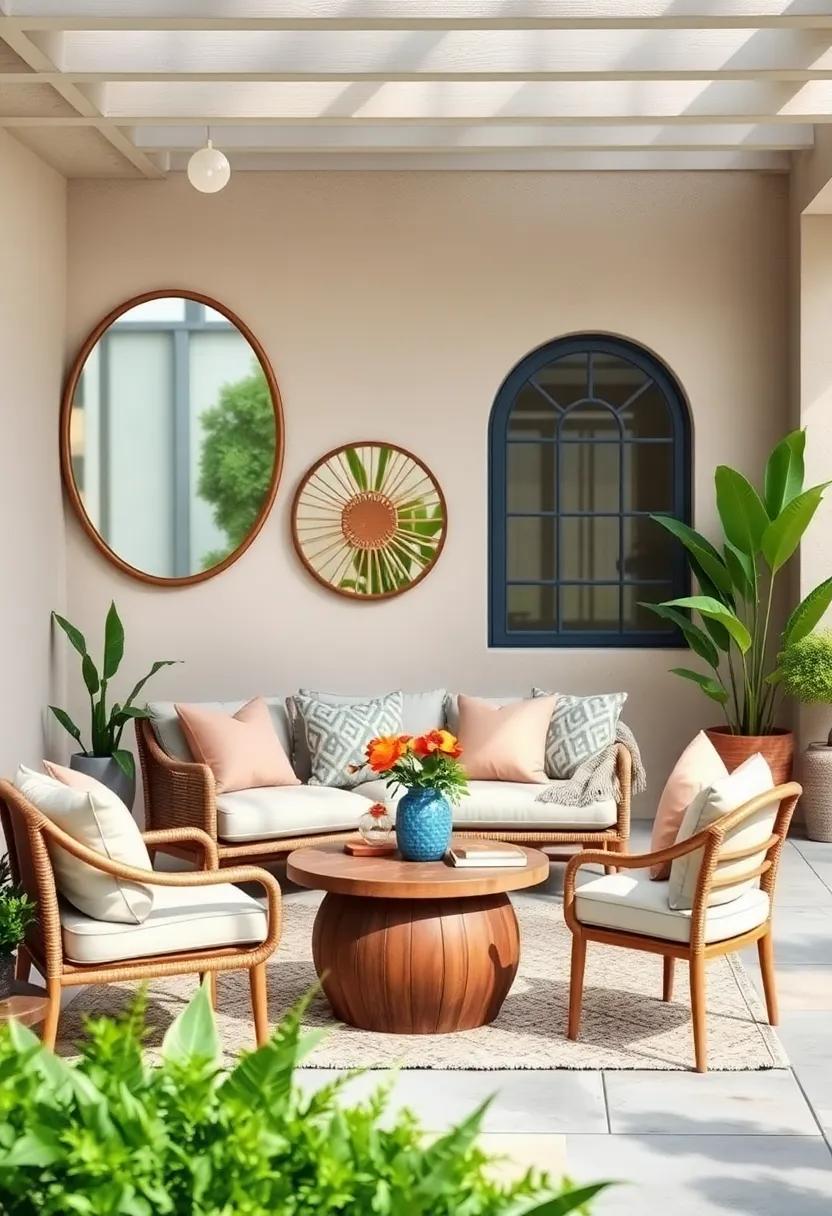 Mixing Textures:⁣ Pairing Mirrors with Various Outdoor Furnishings