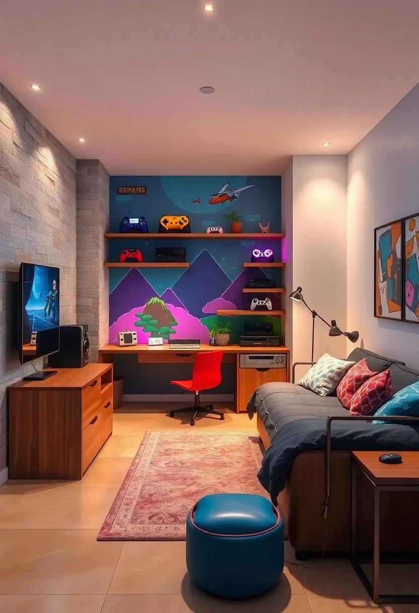 Retro‍ Gaming ⁤Room: Pay ⁢homage⁤ to ⁣classic video games with ⁤pixelated‍ decor, ‍gaming console display ⁢shelves, ‍and vibrant murals that⁢ capture the essence ​of‍ nostalgia
