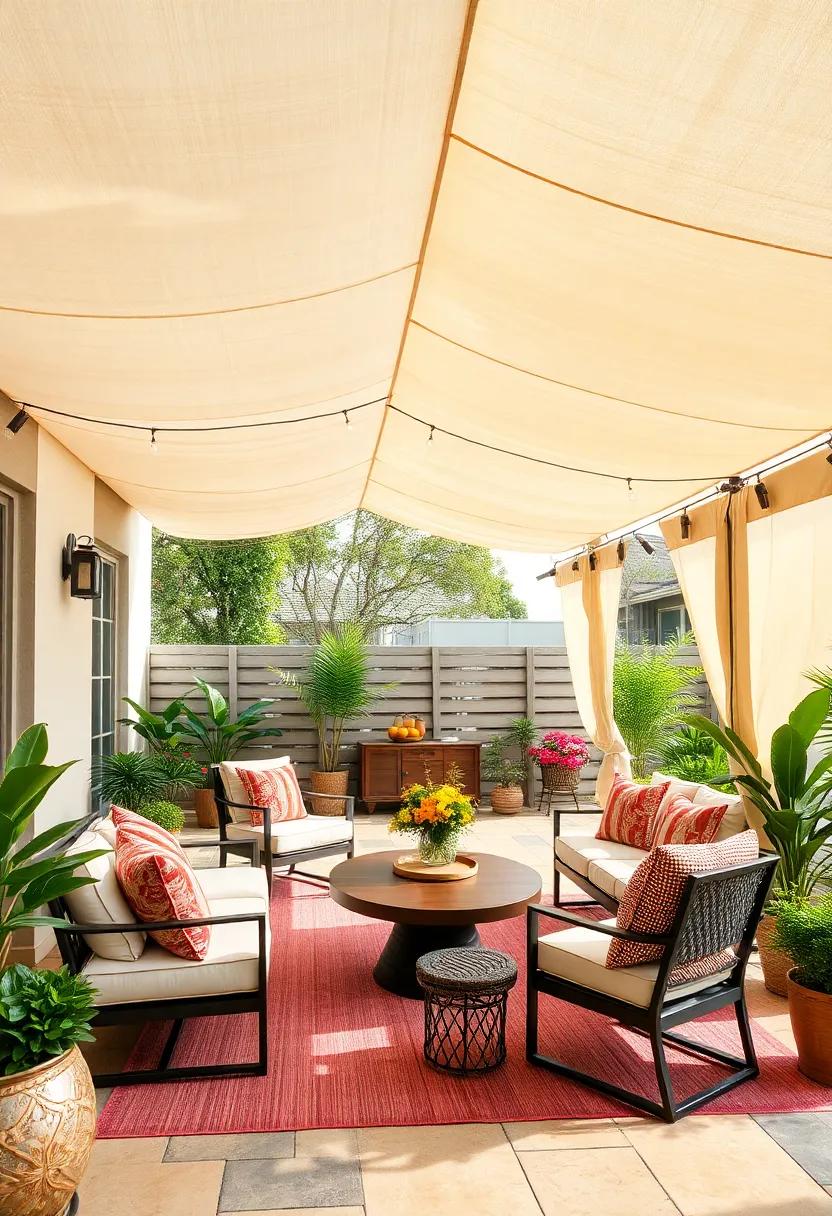 Canvas Canopies: Use large canvas canopies to create a sheltered area for dining or lounging, perfect for various weather conditions