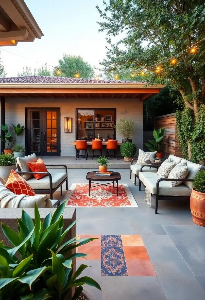 Tile Accent Areas: Use colorful tiles to create an accent section on the patio floor, adding texture and artistic flair