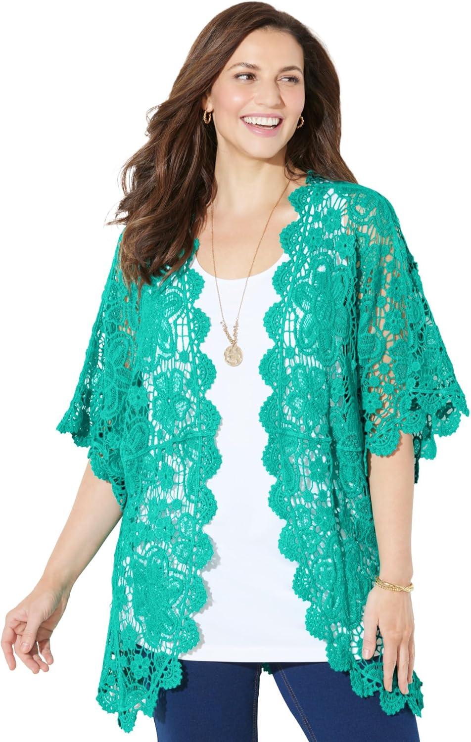 Why We Love the Catherines Graceful Crochet Kimono in Aqua Sea