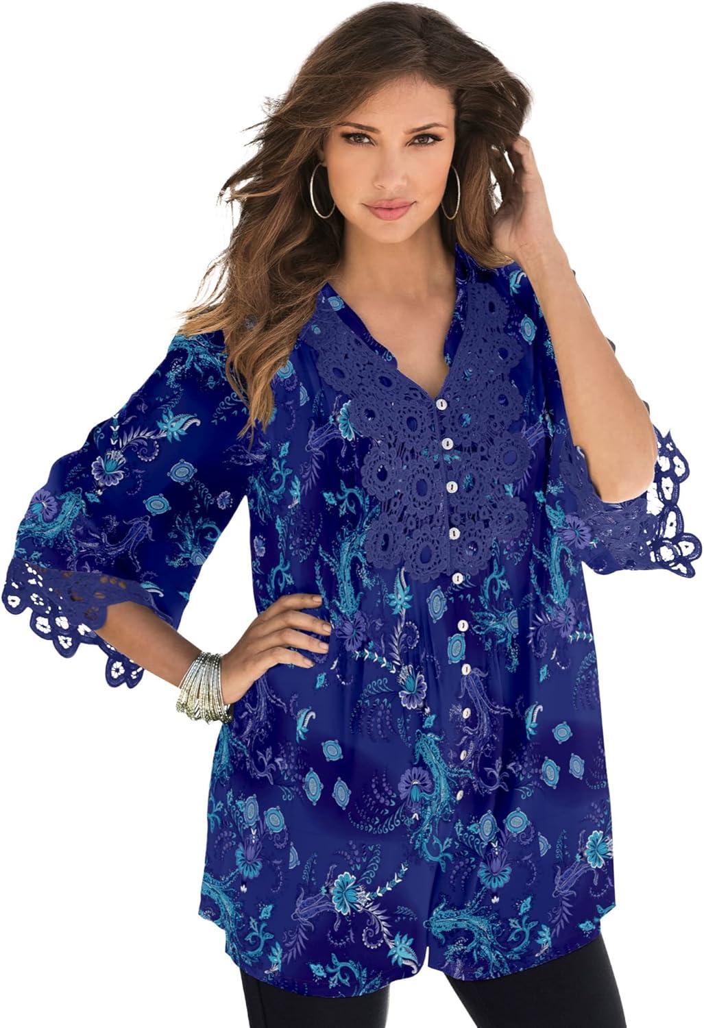 Why We Love Roaman's Plus Size Juliet Lace Button-Down Shirt