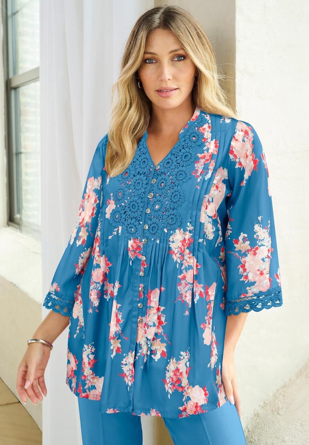 Why we Love Roaman's Plus Size Juliet‍ Lace button-Down Shirt
