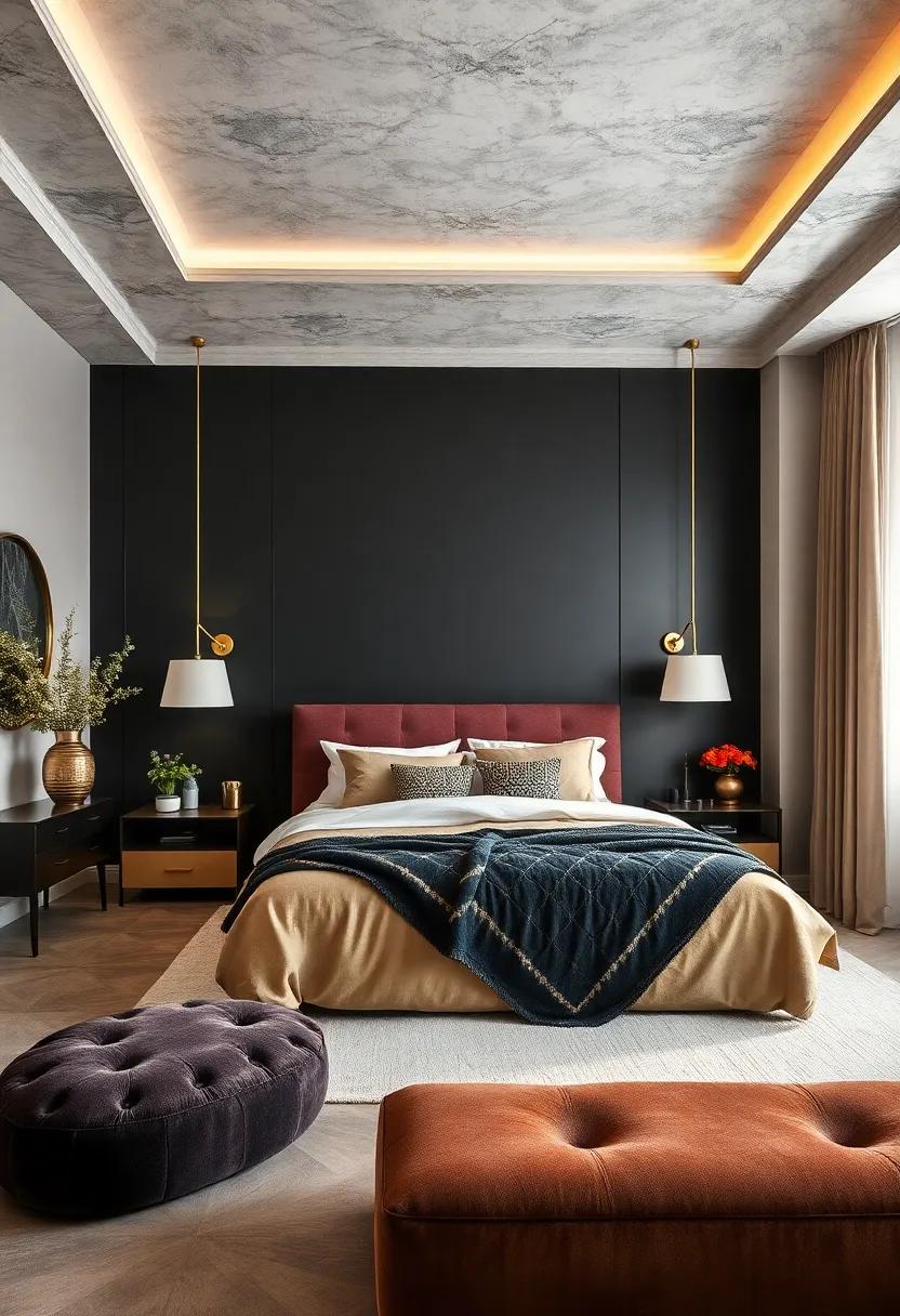 Black and Gold: Elevate elegance with a striking black wall adorned with gold details, creating a glamorous and opulent bedroom