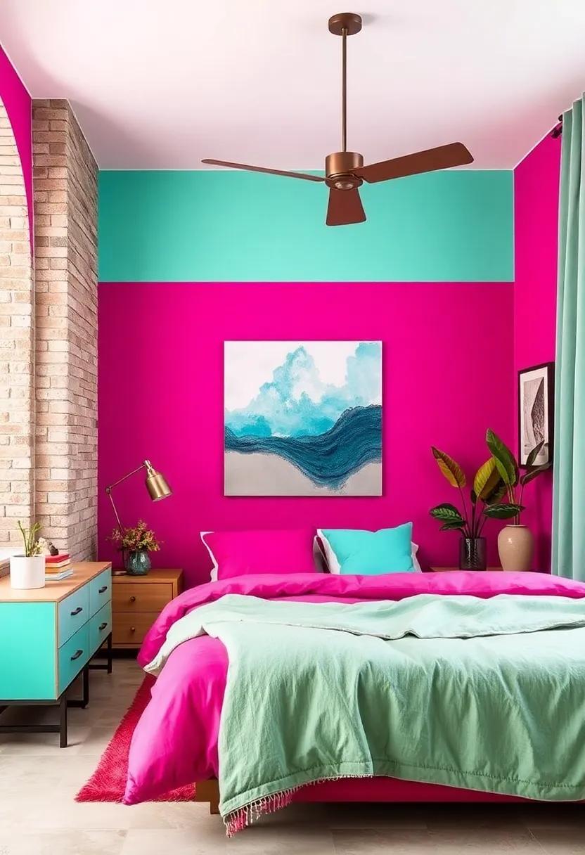 Fuchsia and Mint: Embrace playfulness with bold fuchsia walls and refreshing mint accents,suitable for a youthful and energetic atmosphere