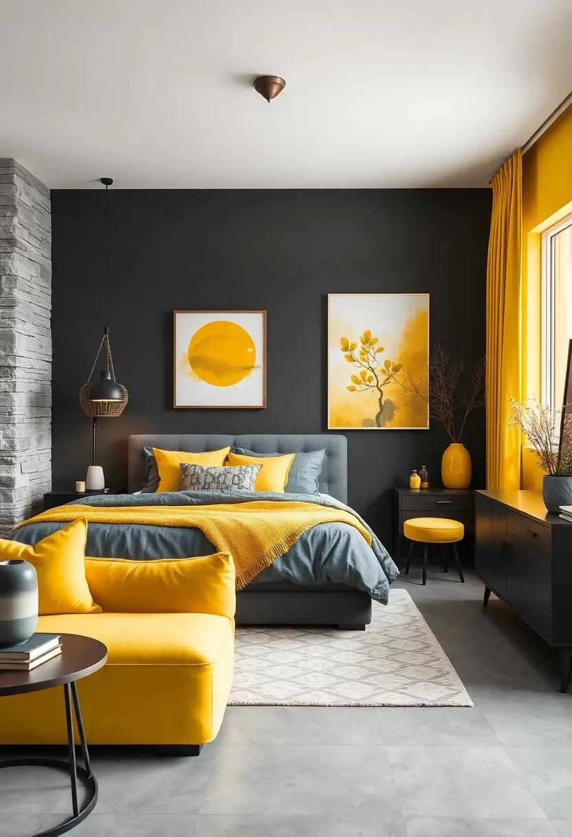 Charcoal Gray and bright Yellow: Ignite energy in your bedroom with deep charcoal walls contrasted by vibrant yellow accents, creating a modern and lively atmosphere