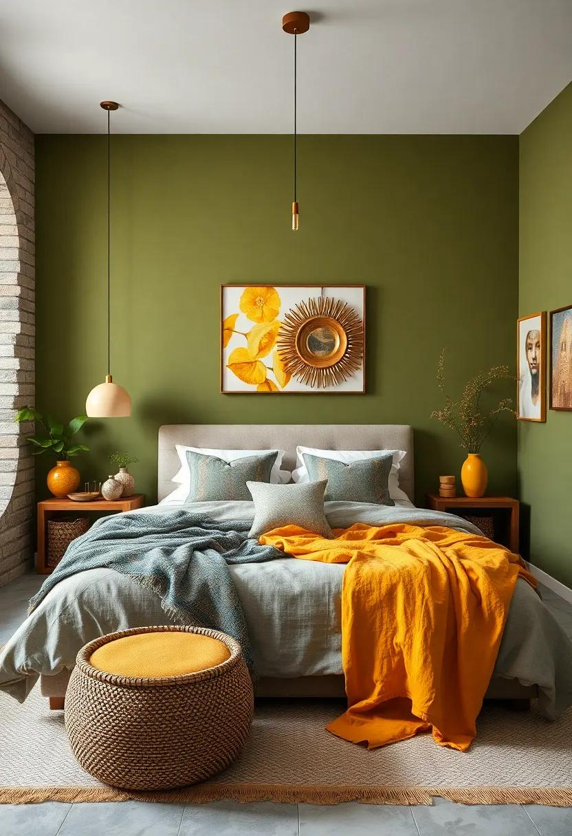 Olive Green and Mustard Yellow: Opt for serene olive green walls dressed up with mustard yellow accessories for a cozy, bohemian-style bedroom