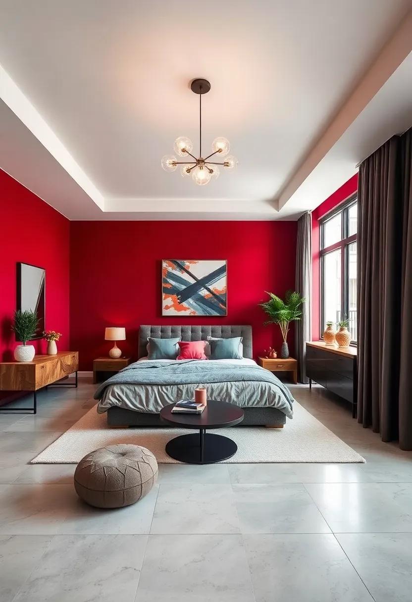 Deep Red and Ash Gray: Channel sophistication with deep red walls complemented by ash gray furnishings, offering a dramatic and luxurious vibe
