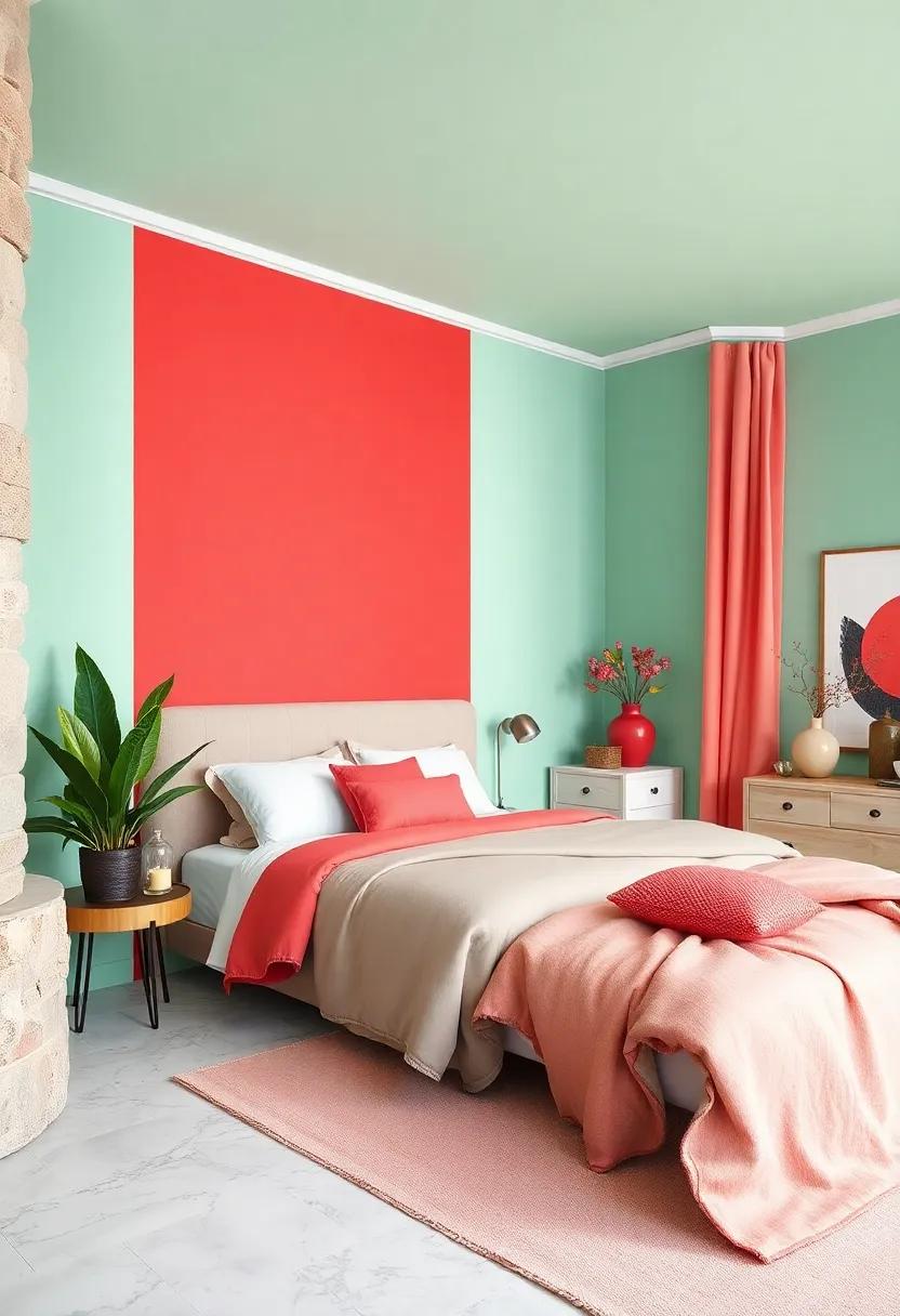 Mint Green and Coral Red: Forge a stunning visual impact with mint green walls and vibrant coral red details, perfect for a cheerful and lively space