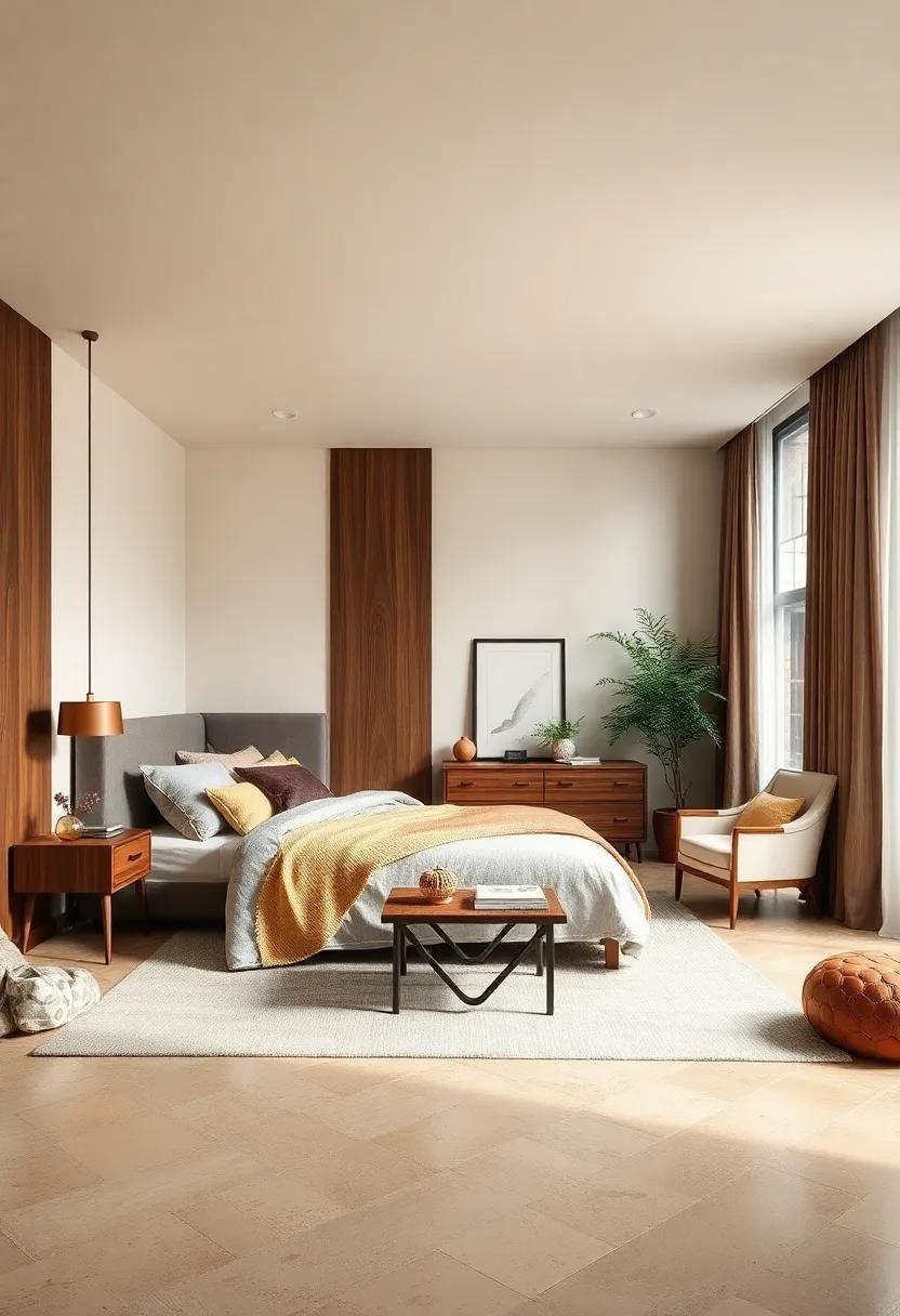 Rich Walnut and Soft Cream: Embrace warmth by pairing rich walnut wood tones with soft cream walls, creating a cozy yet dramatic sanctuary