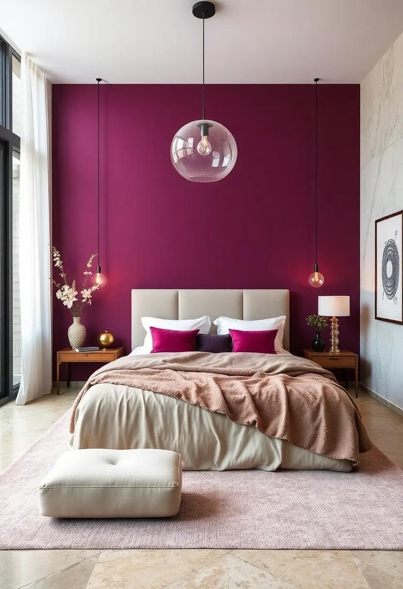 Plum and Ivory: Create rich layers in your bedroom with deep plum walls and ivory accessories for a luxurious and inviting ambiance