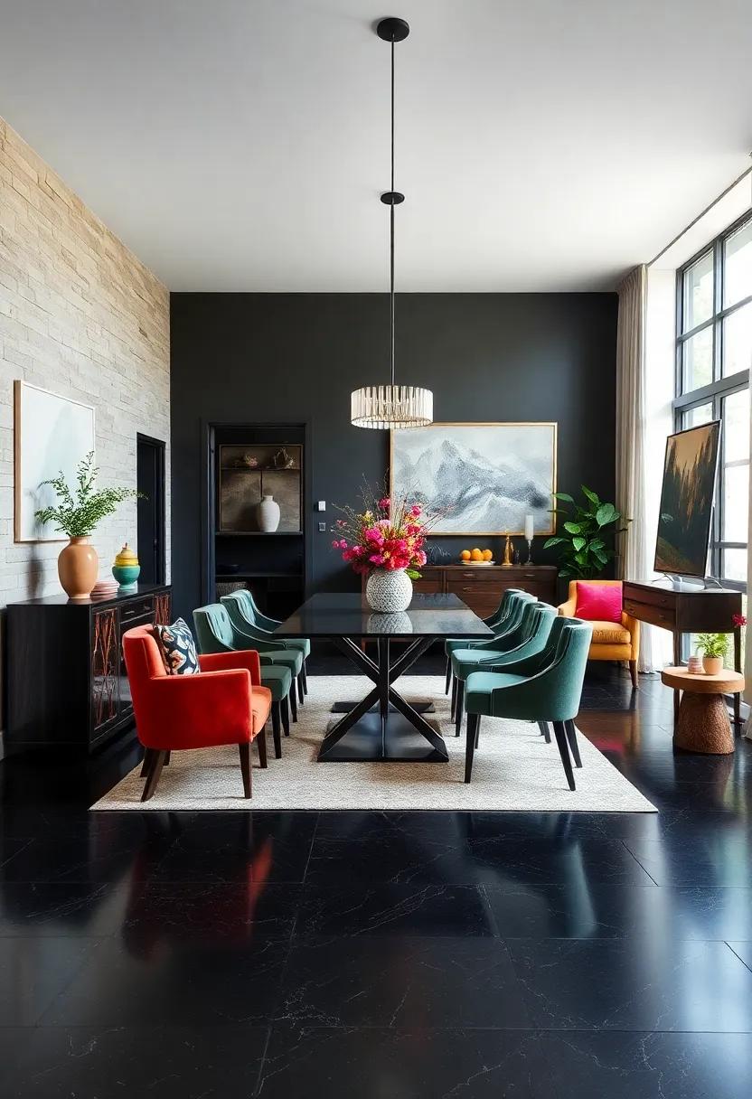 Bold Black: Make a statement⁣ with striking black ⁤flooring, whether ⁣it's matte⁣ or glossy, creating ⁢a ‌dramatic backdrop for your dining area that pairs beautifully with colorful furnishings