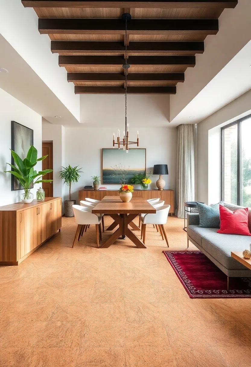 Inviting Cork: Select environmentally friendly cork flooring that provides a soft touch and excellent insulation, adding a unique texture to your dining space