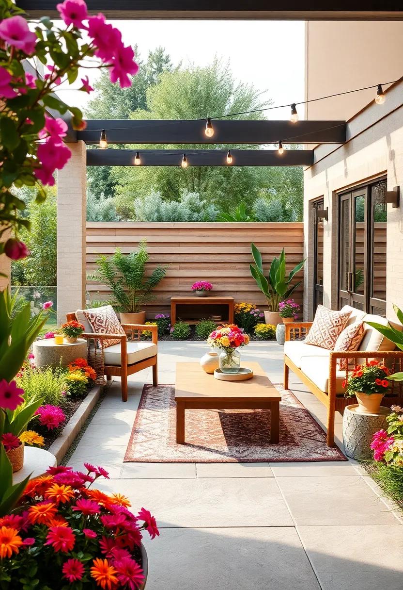 Colorful Flower Borders: Add charm to your patio with vibrant flower borders that bloom throughout the seasons, creating a lively and cheerful atmosphere