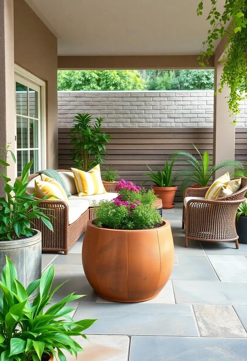 Herb Garden Container: Consider incorporating a container herb garden as a functional and fragrant addition to your patio, perfect for culinary enthusiasts