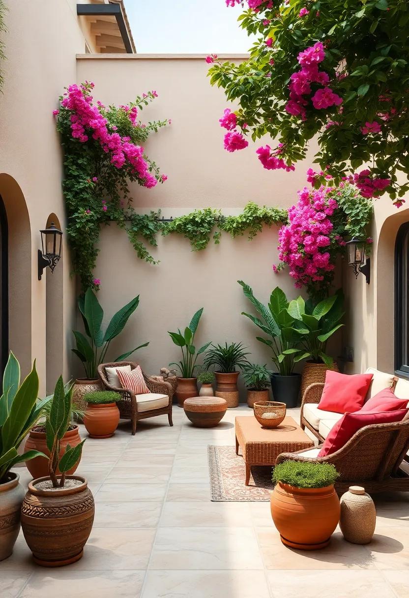 Mediterranean-Style Courtyard: channel an inviting Mediterranean theme with terracotta pots, tiled patios, and vibrant bougainvillea that transports you to sunny Spain