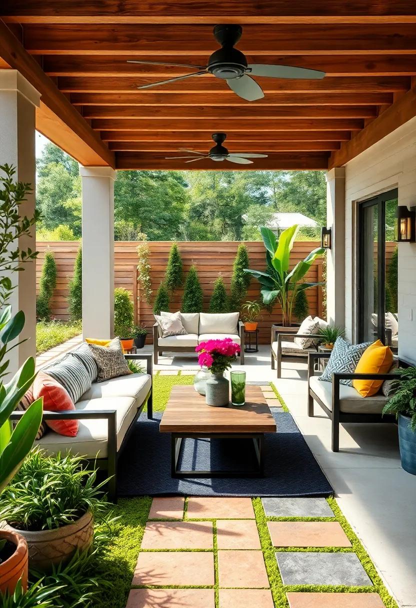 Pathway of Colorful Pavers: Design a visually appealing pathway using colorful pavers that lead guests through your patio, connecting key spaces seamlessly