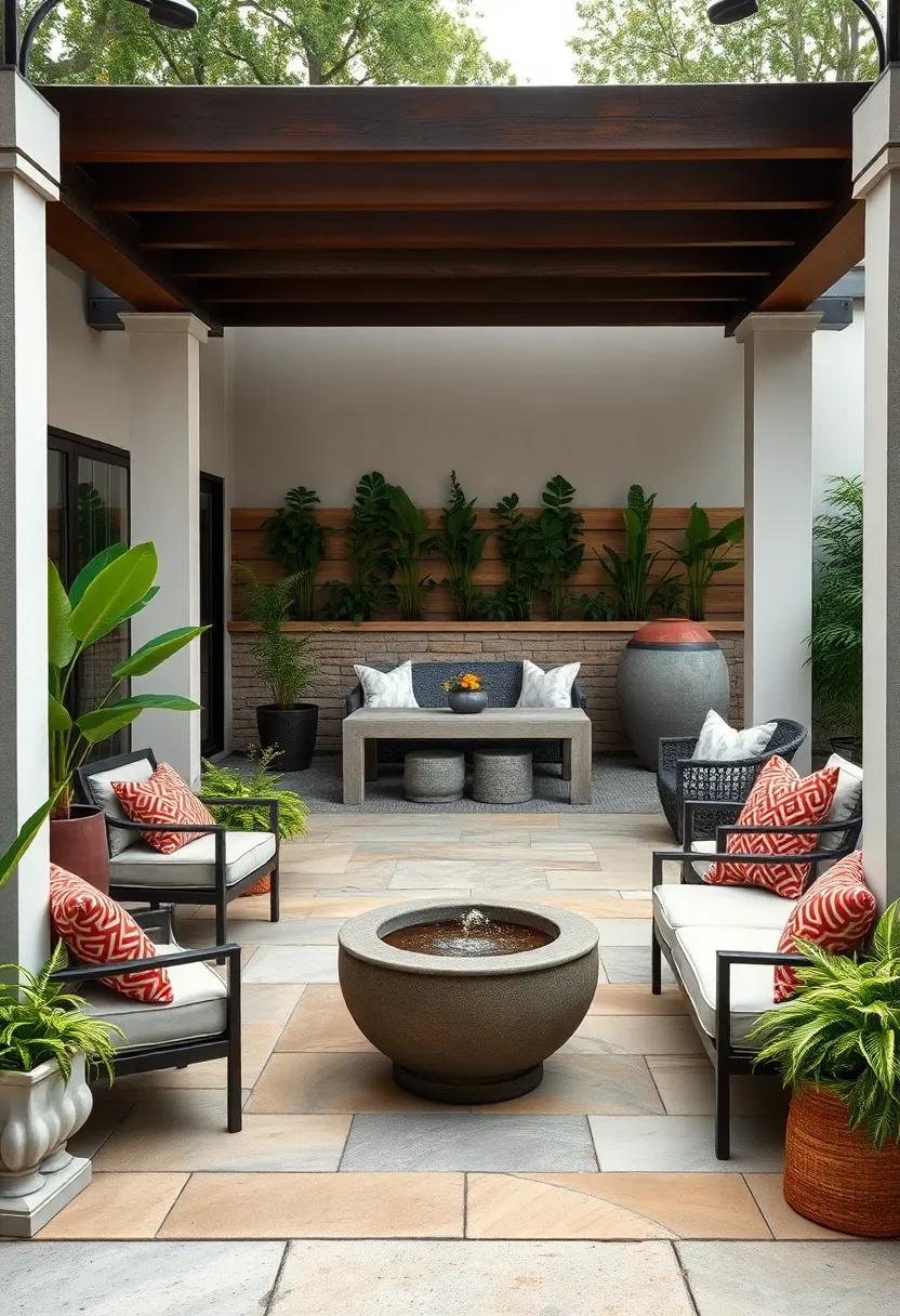 Statement Water Feature: Elevate your outdoor oasis with a captivating water feature, like a small fountain or pond, bringing a soothing soundscape to your space