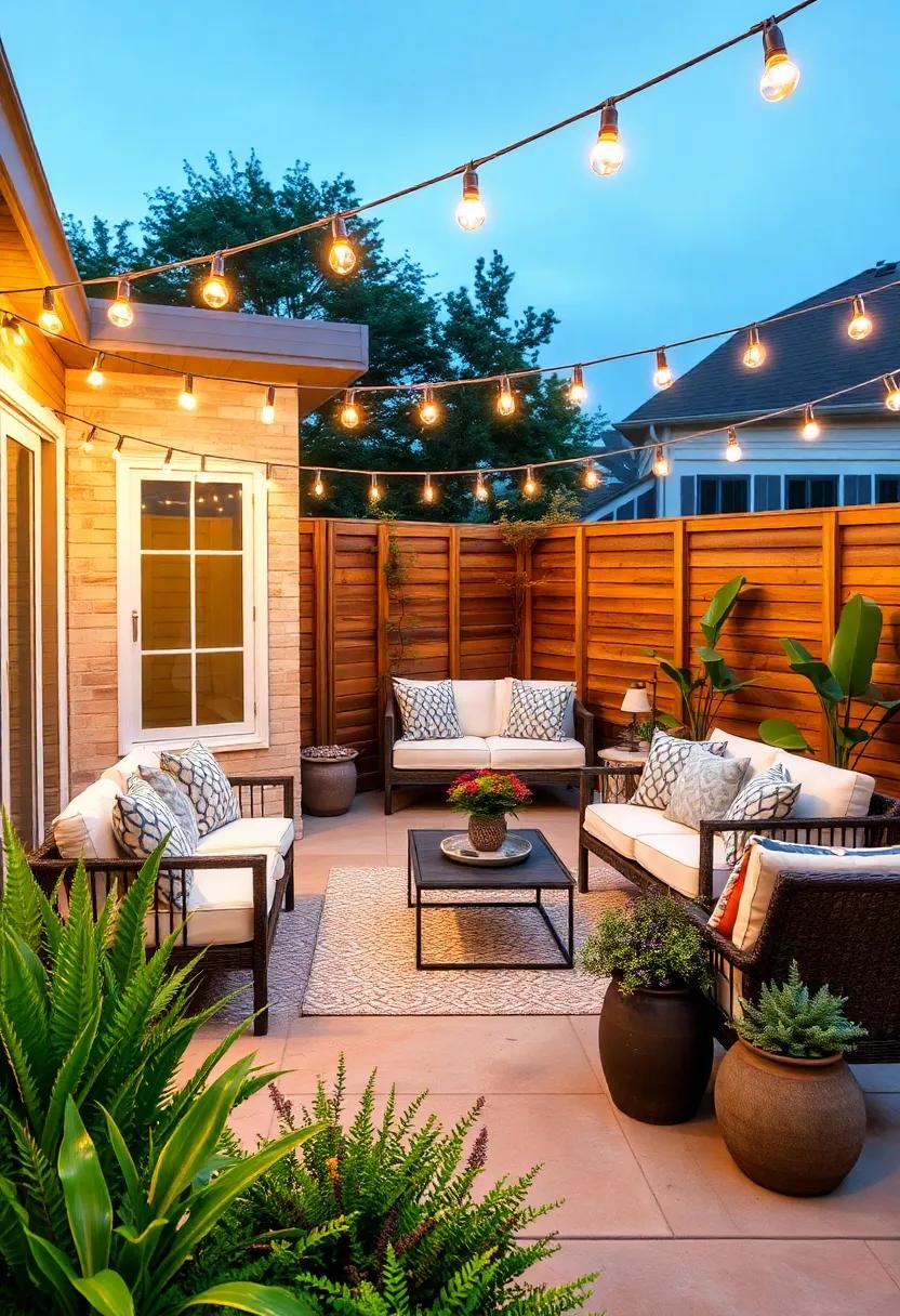 Twinkling String Lights: Light up your patio with twinkling string lights, creating an enchanting ambiance for evening entertainment or cozy nights under the stars