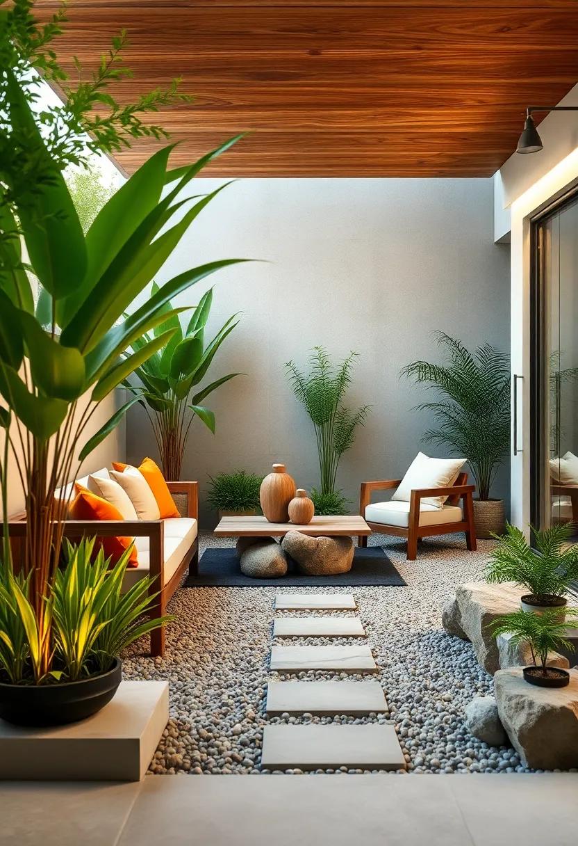 Zen Garden Retreat: Design a tranquil zen garden complete with gravel, rocks, and minimalistic plants to promote relaxation and peaceful meditation