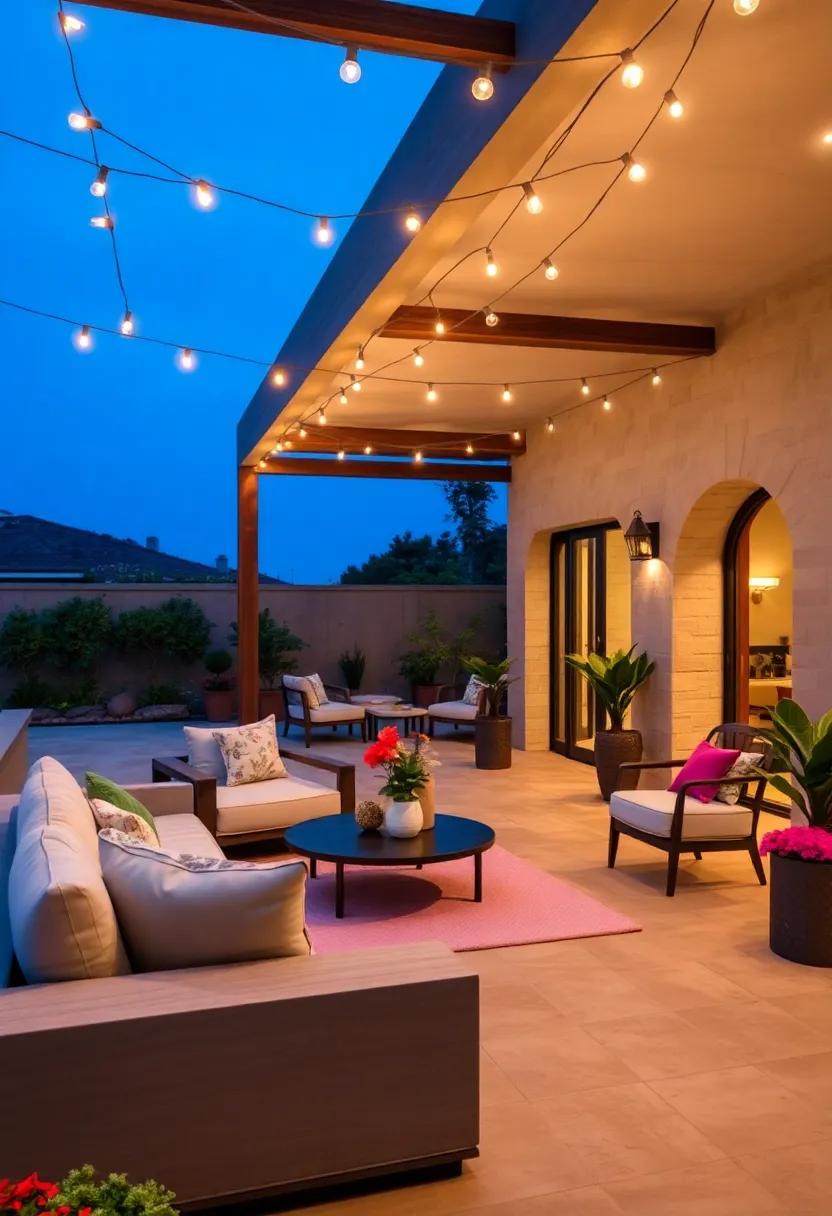 The Tranquil Haven: A Mediterranean-inspired terrace adorned with custom string lights creating a warm, inviting glow