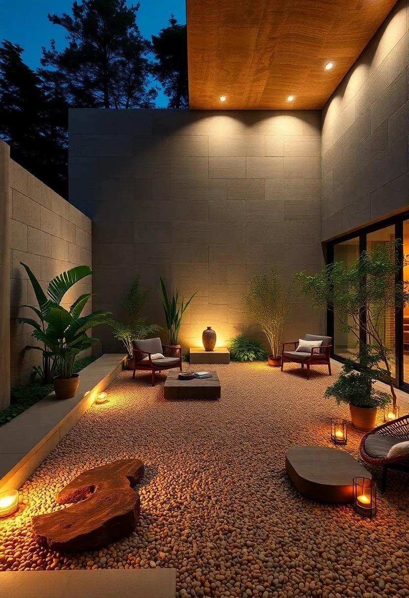 Zen Sanctuary: A serene japanese tea garden illuminated by soft, ground-level lights that highlight the contours of gravel and stone