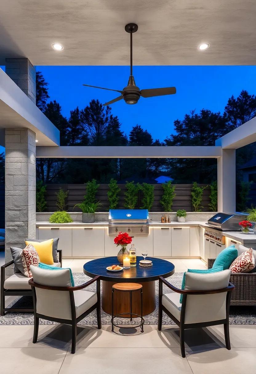 Contemporary Outdoor Kitchen: A sleek cooking space enhanced by task lighting, ensuring functionality without sacrificing style during nighttime culinary adventures