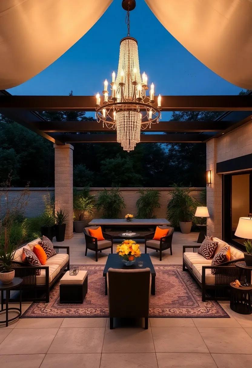 Garden Party Space: A large patio equipped with a dramatic chandelier suspended from an overhead structure, redefining evening entertaining with elegance