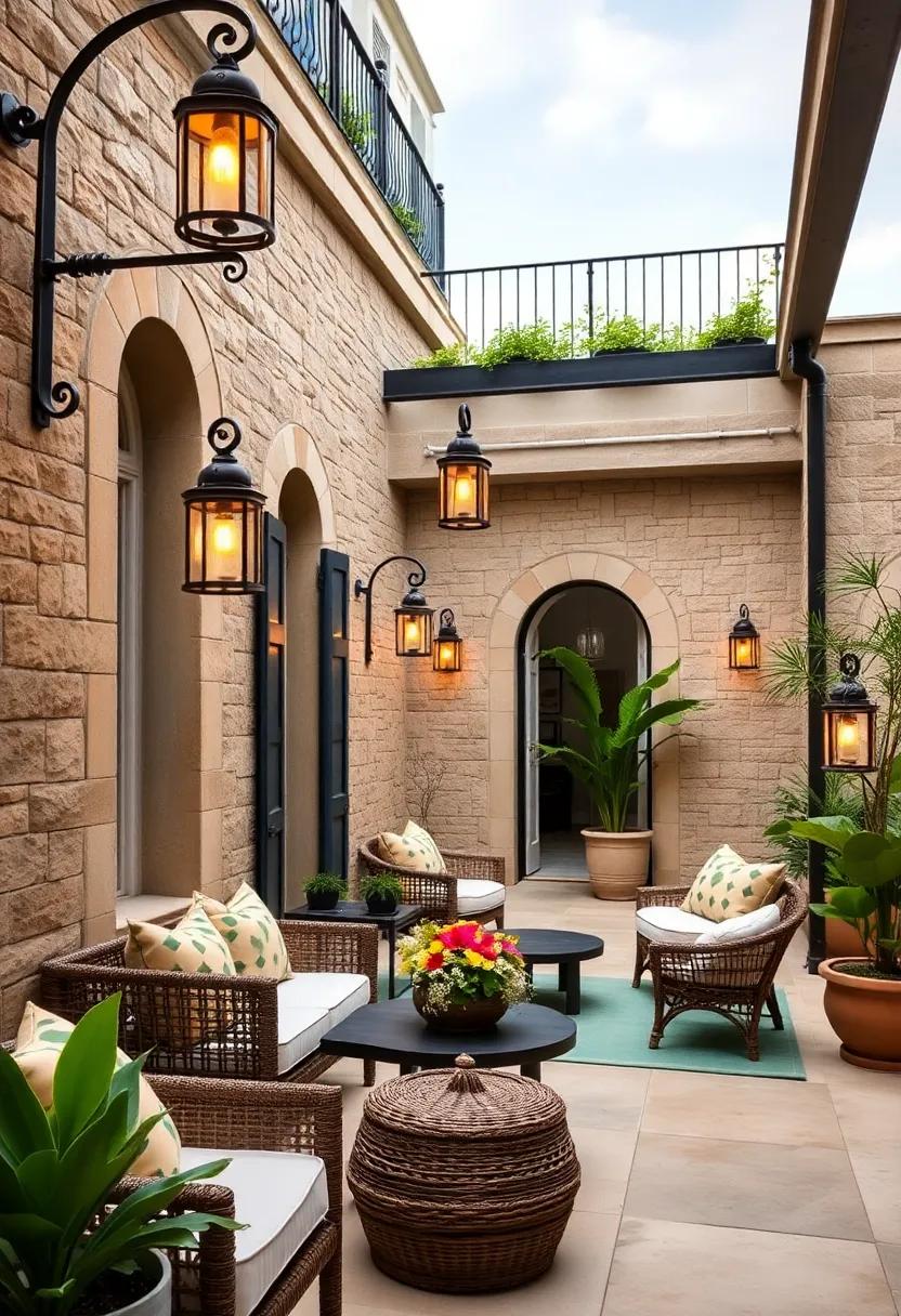 Timeless Terrace: A classic European-style balcony brimming with antique lanterns hanging from wrought-iron hooks, offering a legacy of charm