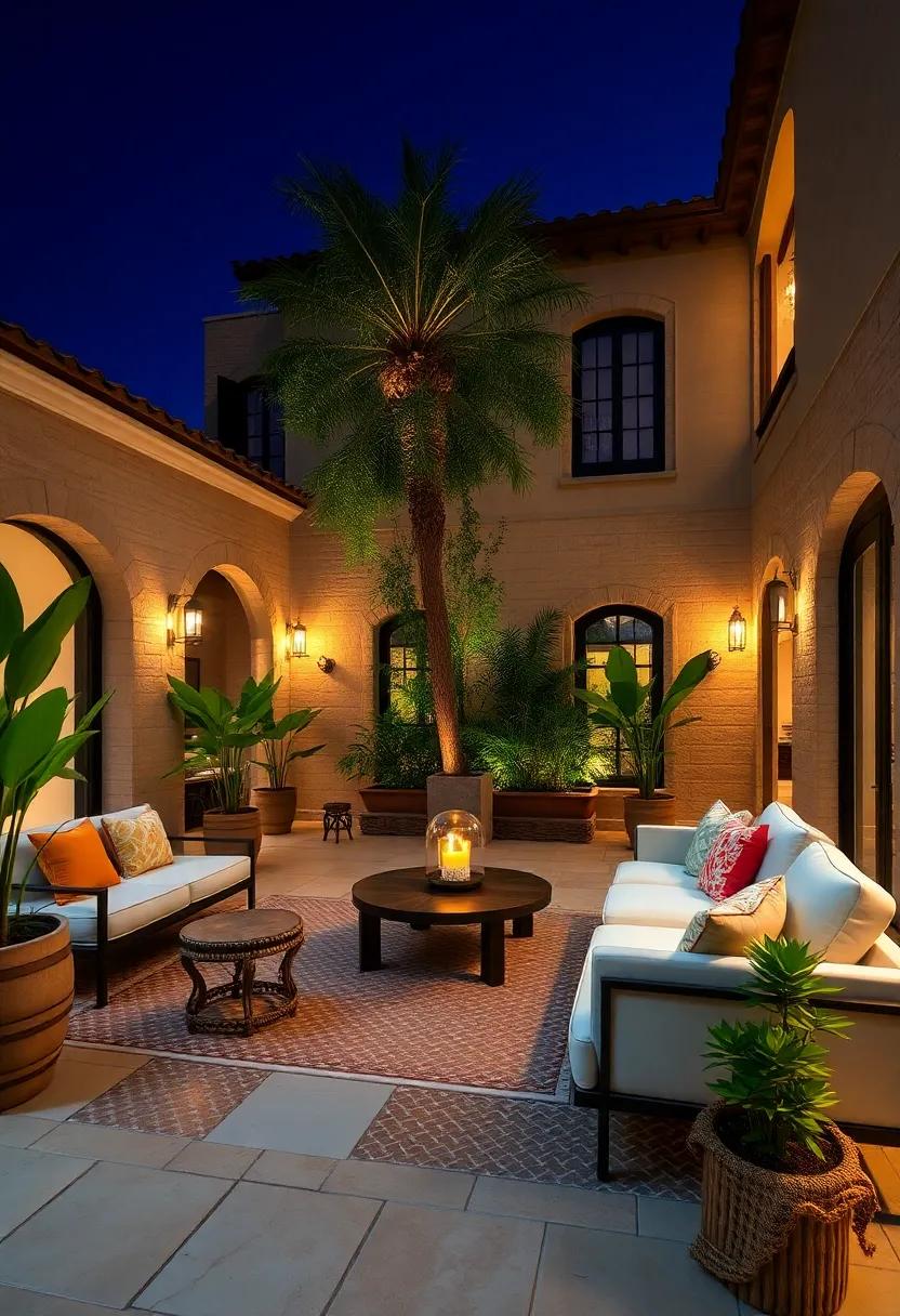 Mediterranean Courtyard: A vibrant courtyard enhanced with custom lighting that highlights intricate tilework, serving as a stunning backdrop for gatherings