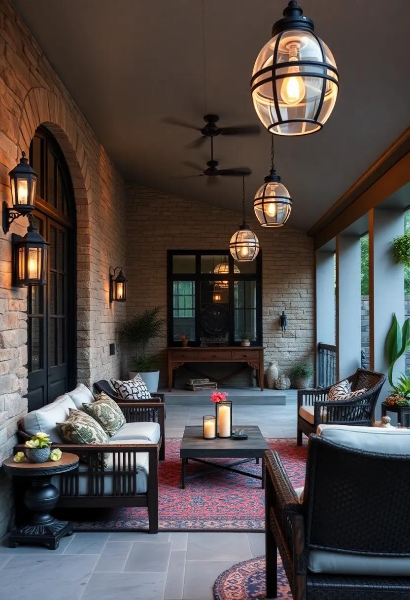 Cozy fire Pit Zone: A rustic seating area surrounded by custom-built stone benches, glowingly lit by flickering torches for a cozy ambiance