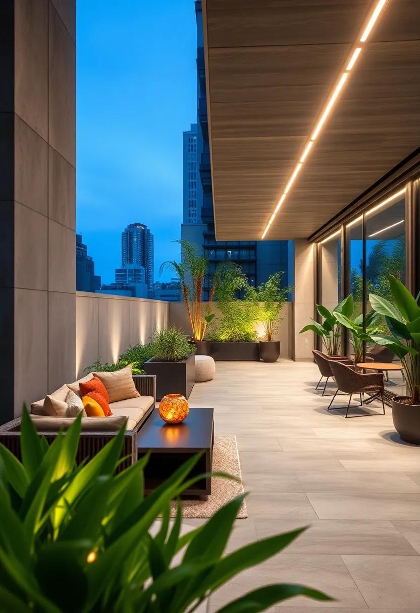 Urban Oasis: A stylish city rooftop garden,with sleek,minimalist linear lighting framing lush greenery and providing an ambiance for evening gatherings