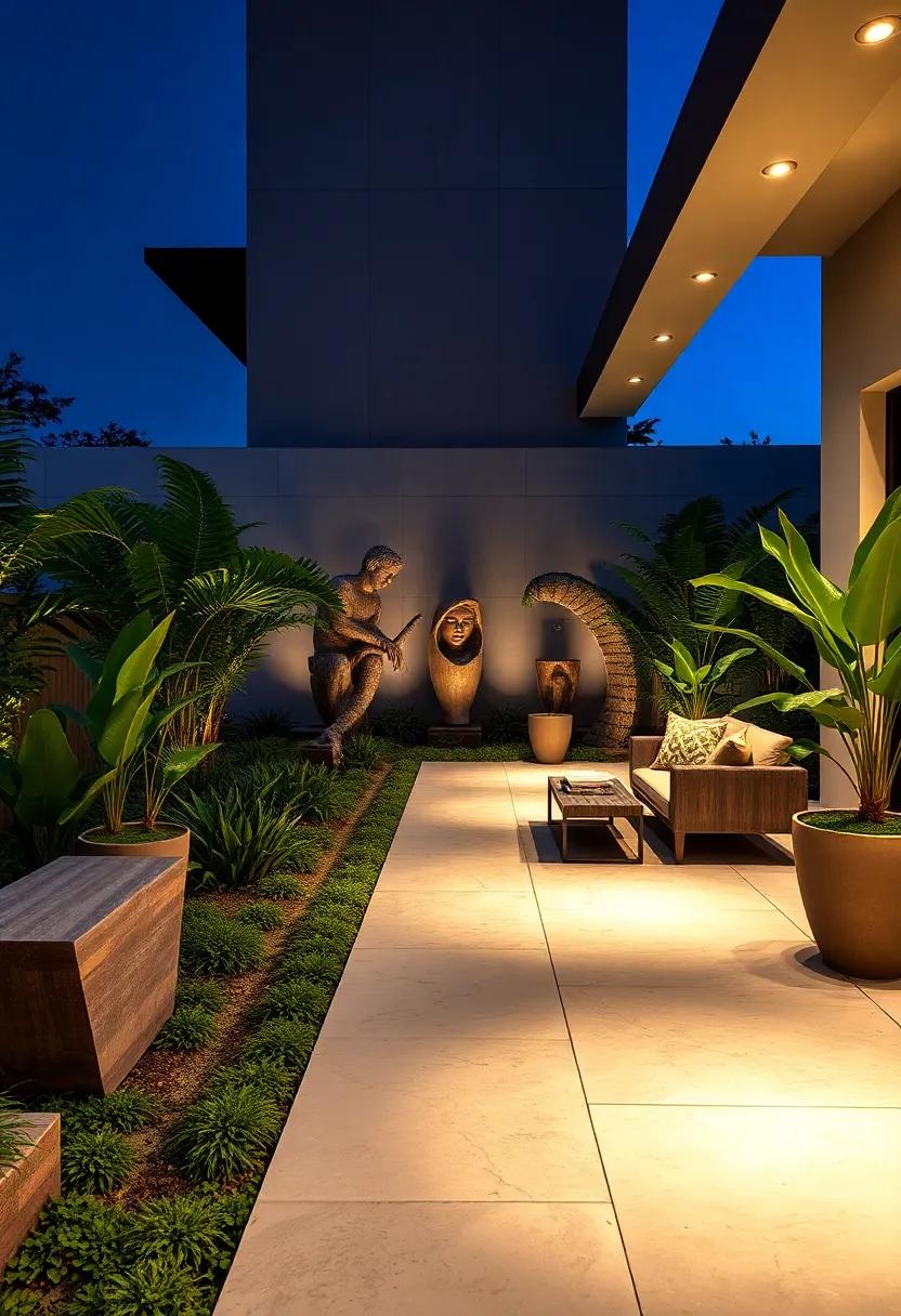 Artistic Sculpture Garden: A pathway lit by strategically placed spotlights, accentuating striking sculptures and transforming a typical garden into an outdoor gallery