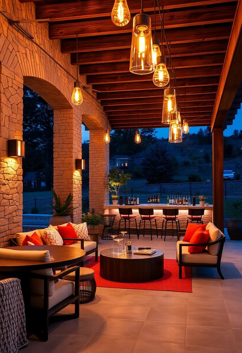 Luxe Wine Lounge: A sumptuous outdoor bar adorned with vintage-style light bulbs that capture the essence of a warm vineyard evening