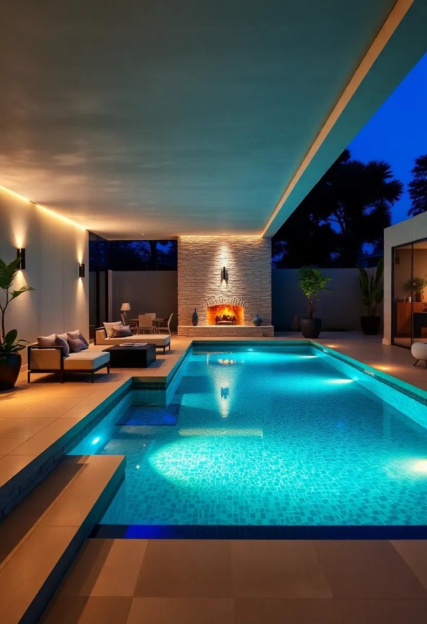 Elegant Poolside Escape: A sophisticated pool area featuring custom underwater lighting that shifts colors, creating a mesmerizing effect while swimming