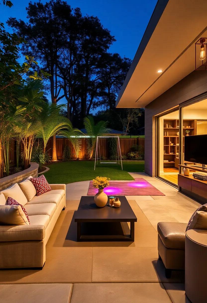 Family-Friendly Backyard: An inviting play area transformed with colorful pathway lights leading to swings and a treehouse, ensuring safety and fun after dusk