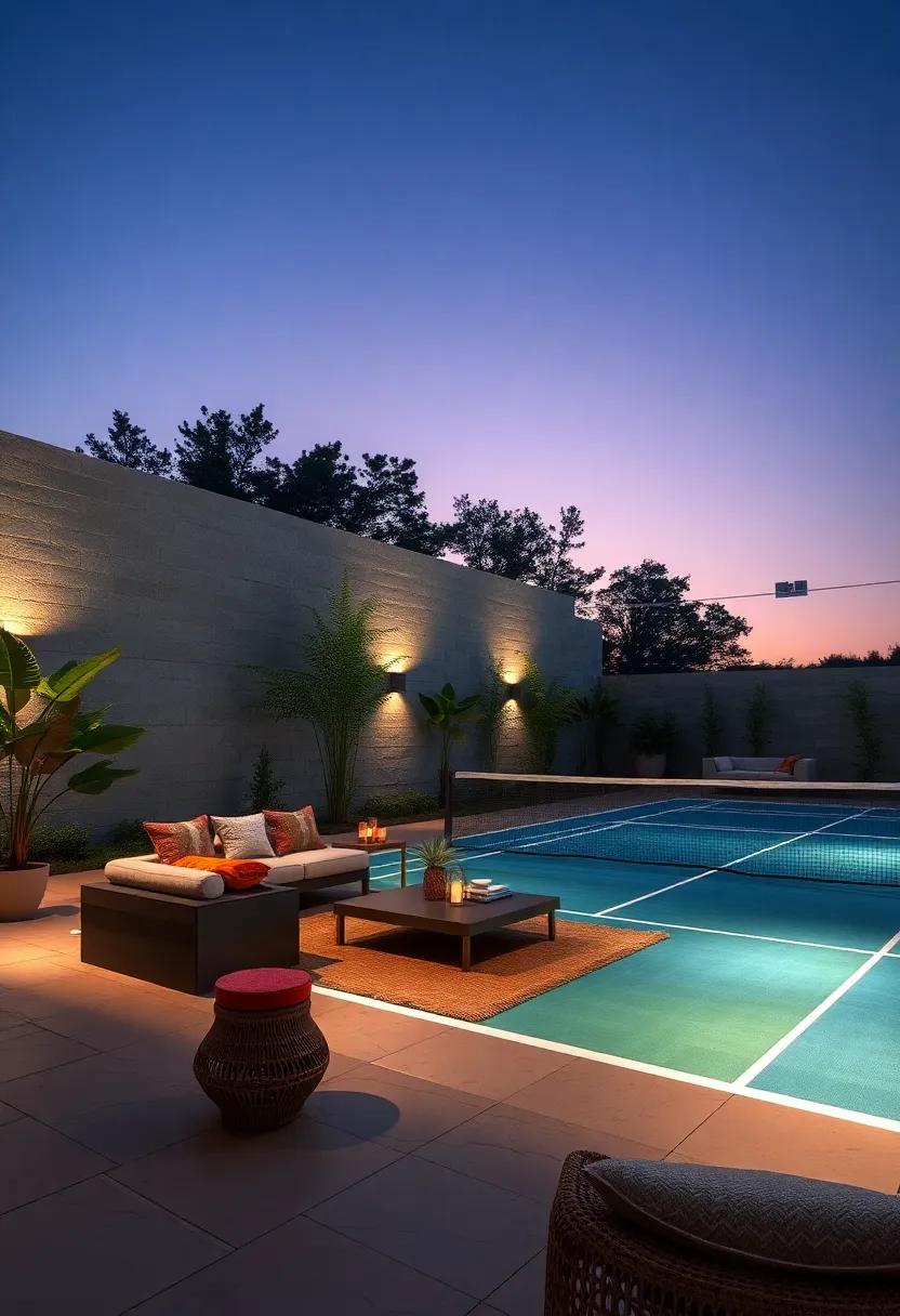 Athlete's Terrain: A sporty backyard equipped with illuminated tennis courts, ensuring friendly matches can extend long into the evening