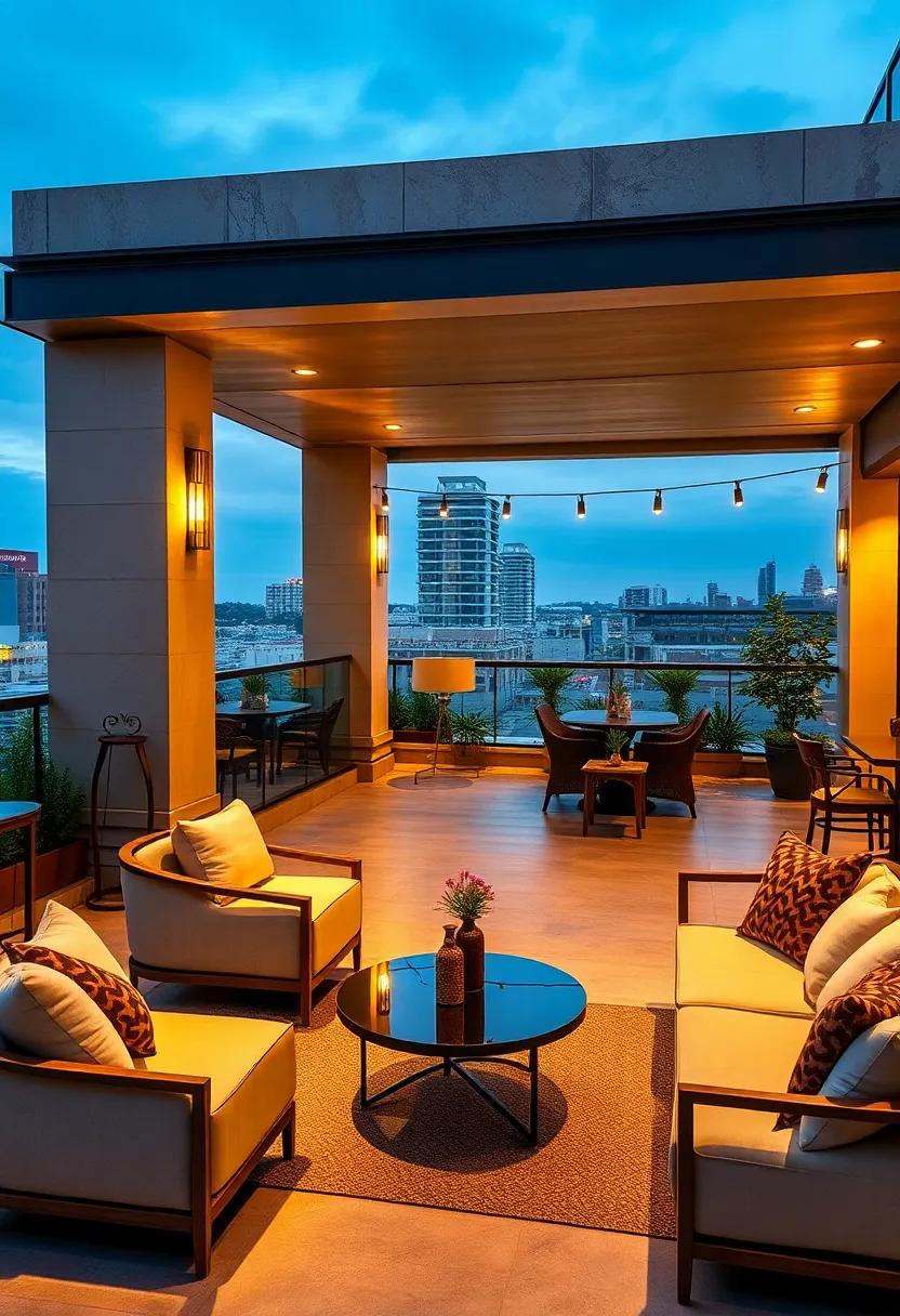 Chic Rooftop Bar: An urban hangout featuring sophisticated spotlights that enhance premium seating areas, setting the tone for a stylish night out