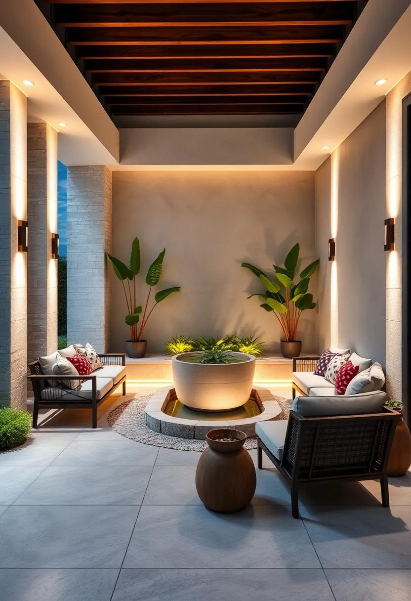 Serene Meditation Corner: A tranquil space with soft, ambient lighting around a water feature, encouraging mindfulness and tranquility by night