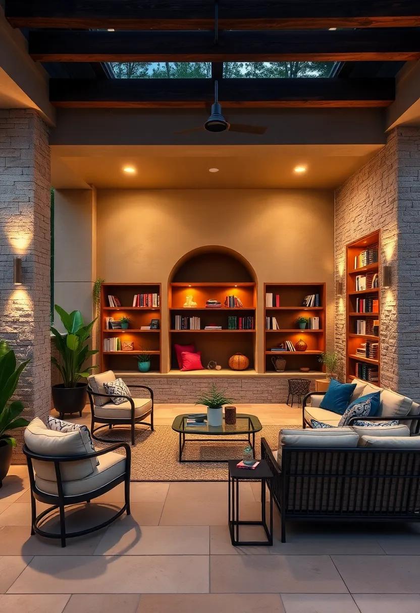 Tropical Paradise: An exotic patio with pendant lighting mimicking hanging raindrops, blending seamlessly with palm trees and vibrant flowers