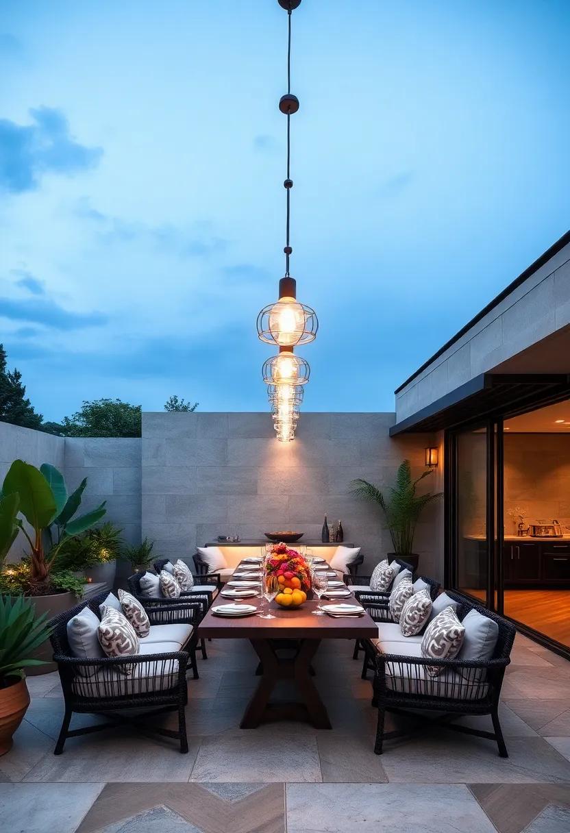 alfresco Dining delight: An elegant dining terrace with suspended pendant lights that turn every meal into a remarkable culinary experience under the stars