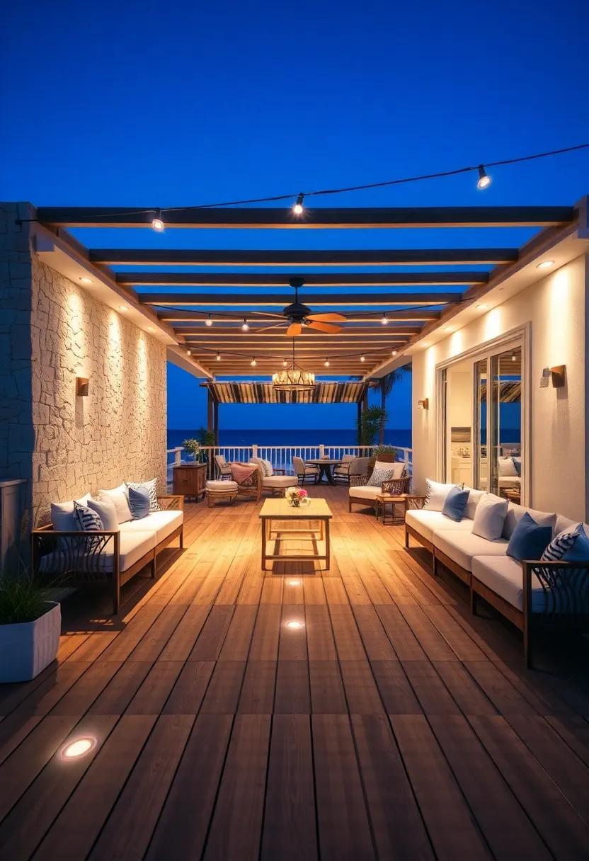 Coastal Chic: A chic beachside deck featuring LED recessed lighting integrated into the wooden planks, illuminating the path to relaxation