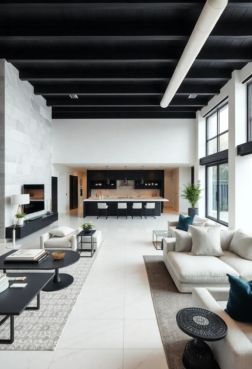 Open Concept Living: Appreciate the seamless flow of space created by ‍clever use of black and white hues in a spacious, airy layout